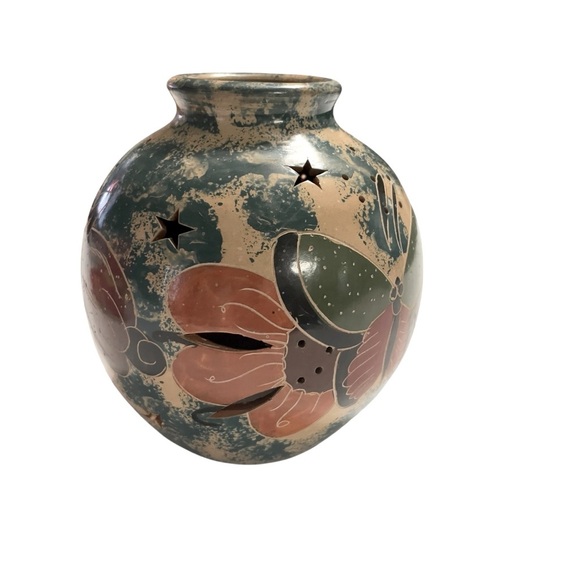 Votive Candle Holder Costa Rica Pottery Hand Carved Cut Away Design Butterfly - Picture 5 of 8